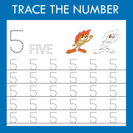 Number five stroke worksheet with monsters for fine motor skills kids. Educational game for preschoolers.のイラスト素材