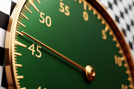 3d illustration close up of black round clock, stopwatch shows the number 46 on a black and white checkered background. Chronometer, vintage timerの写真素材
