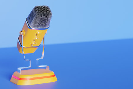 Yellow retro microphone isolated on a pastel blue background. minimal style. 3d renderingの写真素材