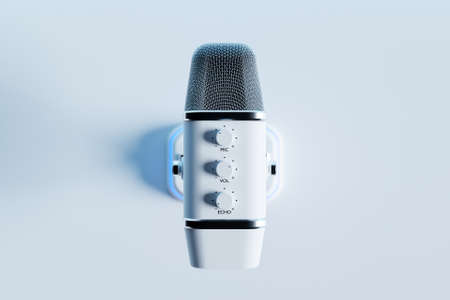 White retro microphone isolated on a pastel white background. minimal style. 3d renderingの写真素材