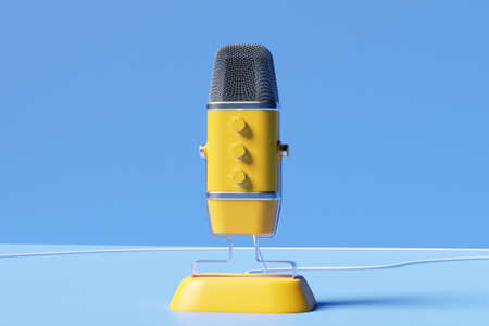 3d illustration, retro yellow microphone on color background. Music award, karaoke, radio and recording studio sound equipmentの写真素材