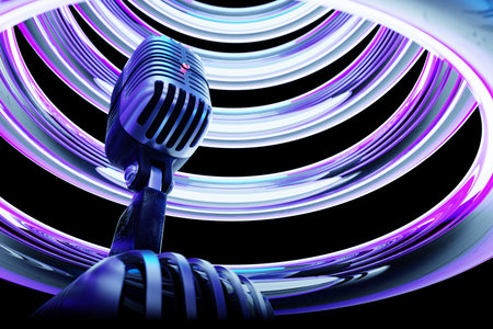 microphone model on neon background, realistic 3d illustration. music award, karaoke, radio and...