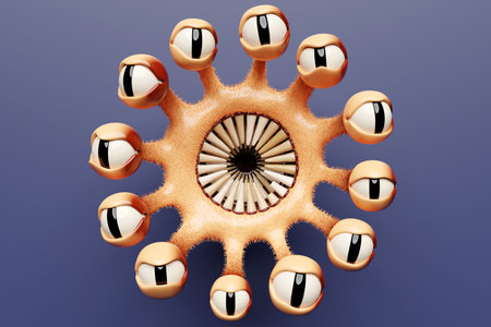 A creepy monster with a huge number of eyes and fangs, saliva flows, on a blue background. 3D...