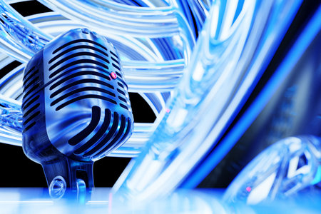 microphone model on neon background, realistic 3d illustration. music award, karaoke, radio and...