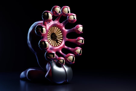 An angry pink cartoon monster with a huge number of eyes stars into the camera on a dark background....