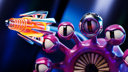 An angry pink cartoon monster with a huge number of eyes, a green eye - a sight, a dangerous weapon...