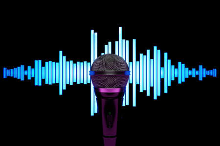 Silver microphone, model against the background of equalizer lines, realistic 3d illustration. music award, karaoke, radio and recording studio sound equipmentの写真素材
