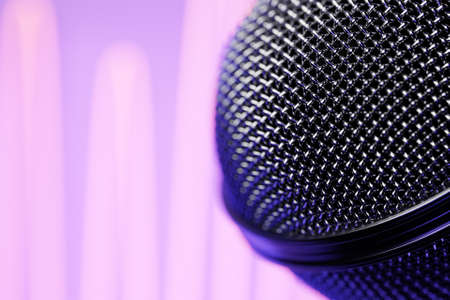 3D illustration, retro style microphone in party or concert against the background of equalizer linesの写真素材