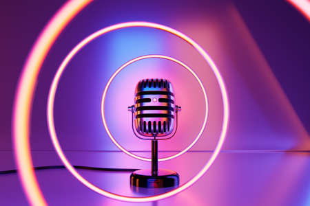 Silver retro microphone on a pink background. minimal style. 3d renderingの写真素材