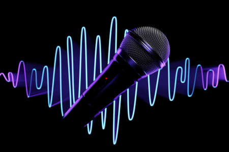 Silver microphone, model against the background of equalizer lines, realistic 3d illustration. music award, karaoke, radio and recording studio sound equipmentの写真素材
