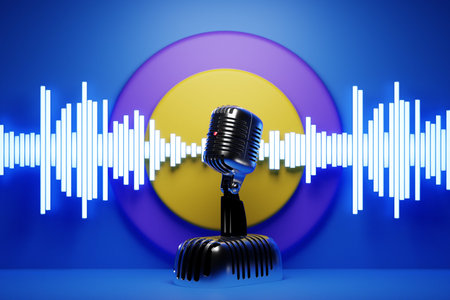 3D illustration, retro style microphone in party or concert against the background of equalizer...