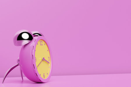 An yellow and pink vintage alarm clock standing on the floor with a bright background. 3d rendering...