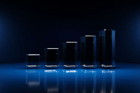 3D illustration black polygons stand in a row from small to large on a black isolated backgroundの写真素材