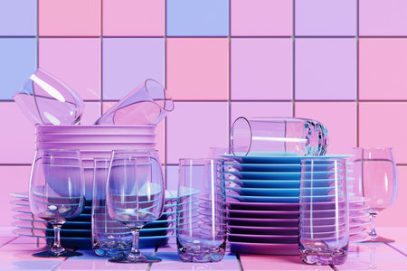 Set of clean plates, glasses, glasses. 3d illustration. Realistic crockery, folded kitchen utensils....