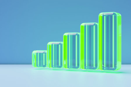 3D illustration green polygons stand in a row from small to large on a blue isolated background