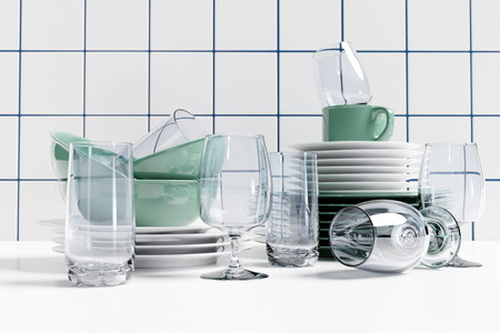 Set of clean plates, glasses, glasses. 3d illustration. Realistic crockery, folded kitchen utensils....