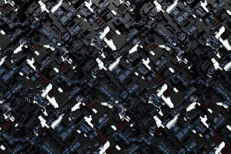 3d illustration of a pattern in the form of a metal, technological plating of a spaceship or a robot. Abstract Graphics in the style of computer games. Close up of the black cyber armor on neon lightsの写真素材