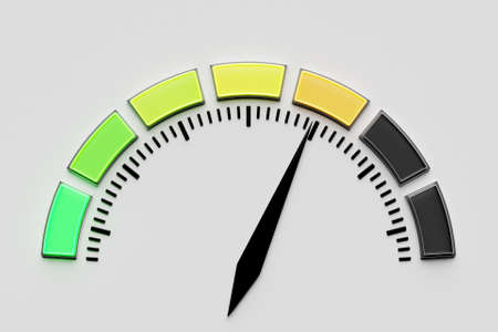 3D illustration loading bar with an indicator in the middle in orange zone. Rings of Progressの写真素材
