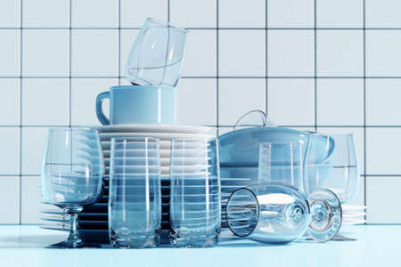 Realistic 3d illustration of an empty set of dishes. Clean dishes, folded kitchen utensils, plates, glasses, glasses. Stack of clean dishes illustration. Porcelain tableware, detailed kitchen utensils close-upの写真素材