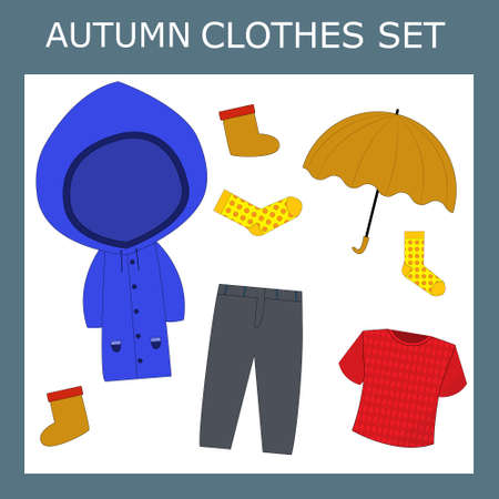 children's autumn clothes for a boy on a white background. Collection of cold weather clothes for boys vector illustrationのイラスト素材