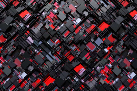 3d illustration of a pattern in the form of a metal, technological plating of a spaceship or a robot. Abstract Graphics in the style of computer games. Close up of the black and red cyber armor on neon lightsの写真素材