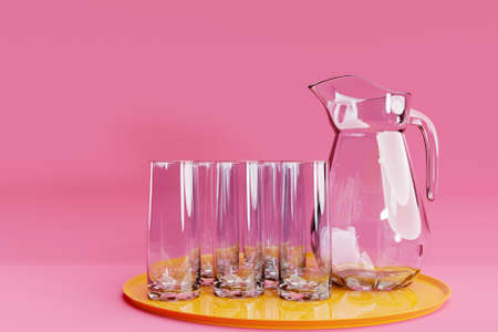 Empty crockery set, decanter with glasses on a pink isolated background. healthy lifestyle conceptの写真素材