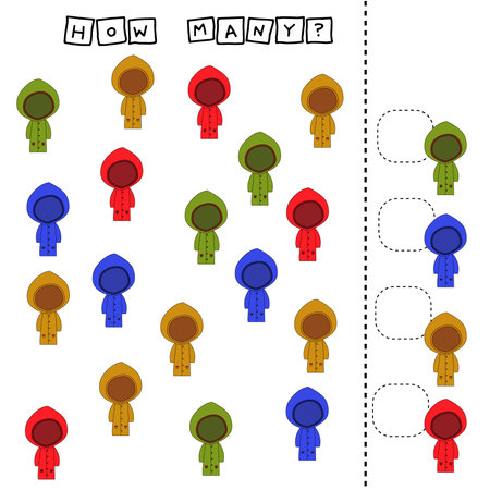How many counting game with colorful raincoat. Preschool worksheet, kids activity sheet, printable worksheetのイラスト素材