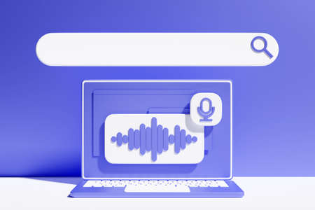 3D illustration of a laptop with a search frame, a box, an internet panel with a magnifying glass icon, and an audio search. The concept of a modern audio search on the Internetの写真素材