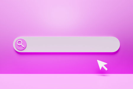 3d illustration of an internet search page on a pink background. Search bar icons
