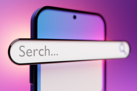 3D colorful illustration of a modern smartphone with an information search bar on a pink background. The concept of communication via the Internet, social networks, chat, video, news, messages, website, searchの写真素材