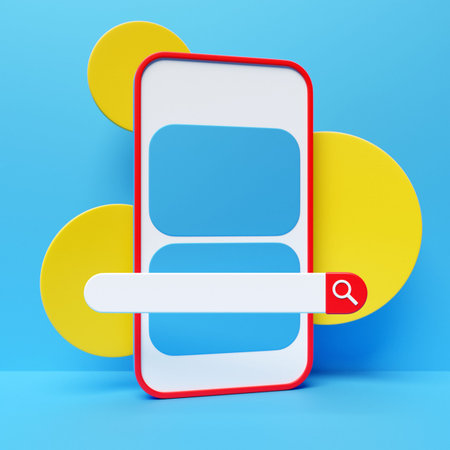 3D colorful illustration of a modern smartphone with an information search bar on a blue background....