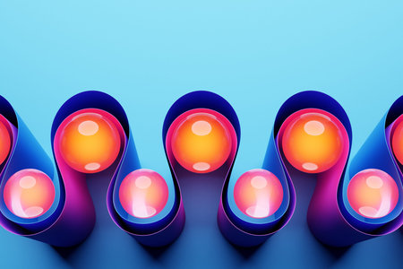 3d illustration of a geometric blue wave surface with glowing colorful balls inside. Pattern of simple geometric shapesの写真素材