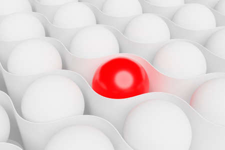 3d illustration geometric volumetric figure of a white and red glowing balls with a white ribbon around them. one item different from othersの写真素材