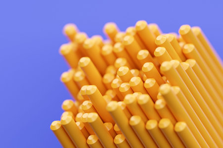 3D illustration yellow pipes of an unusual shape on a monocrome backgroundの写真素材