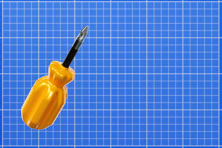 3D illustration of a screwdriver with a yellow handle in cartoon style on graph paper. Hand carpentry tool for DIY shop.の写真素材