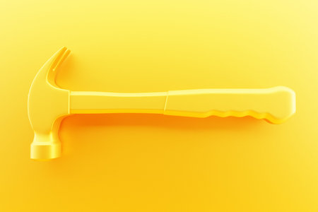 3D illustration of a yellow hammer hand tool isolated on a monocrome background. 3D render and...