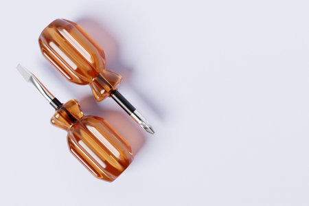 3D illustration of a screwdriver with a beige handle in cartoon style on a white isolated...