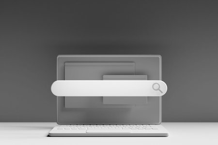 3D illustration of a laptop with an open browser tab on the screen. Internet search using smartphone.の写真素材