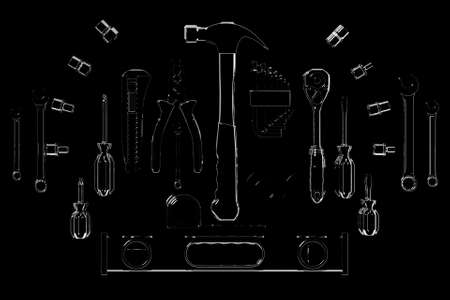 Construction tool shop service concept. Black set of all tools for home repair builder on a monocrome background. 3d illustrationの写真素材