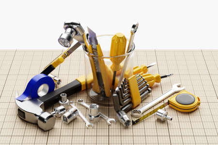 3D illustration of a metal hammer, screwdrivers, pliers, level, tape measure, electrical tape, cutter with yellow handle on graph paper. 3D rendering of a hand tool for repair and installationの写真素材
