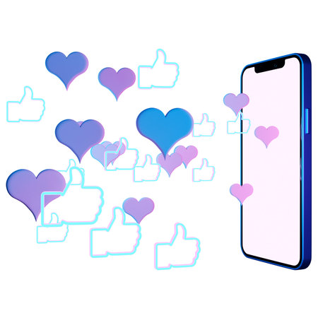 3D illustration of a mockup of a modern smartphone with a white screen with likes on a white...