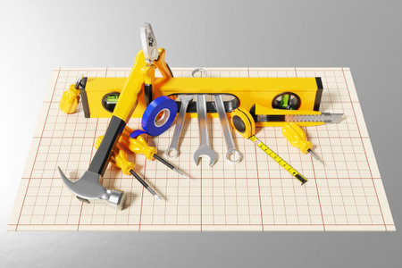 3D illustration home repair tools on millimeter paper. Cute set, elements, stickers, icons. Funny...