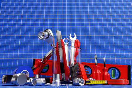 Construction tool shop service concept. set of all tools for home repair builder on a white...