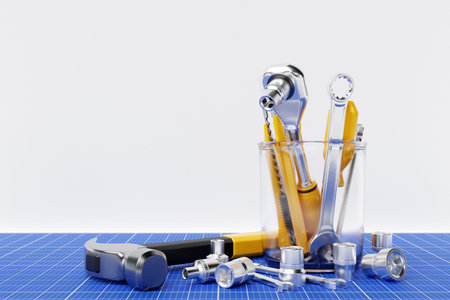Construction tool shop service concept. set of all tools for home repair builder on a white...