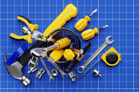 Various working tools for construction, repair. Screwdriver, level, electrical tape, hammer, knife,...
