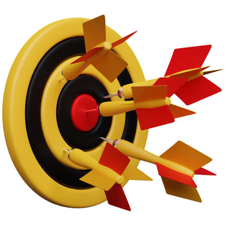3d illustration of a round yellow and black target with an arrow on a white isolated background. Success abstract pin logo. Darts gameの写真素材