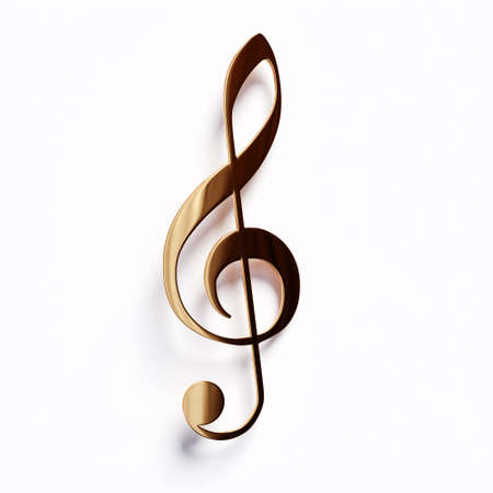 Realistic gold metal treble clef on a white background. 3d golden musical symbol - decoration elements for design.の写真素材