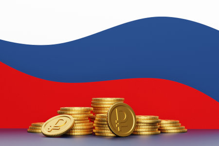 golden coins with ruble sign isolated on national flag background. Income concept. 3D rendering.の写真素材