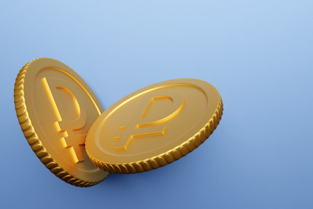 Gold coin with ruble sign isolated on blue background. Income concept. 3D rendering.の写真素材