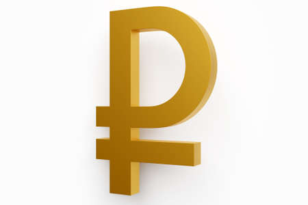 Golden ruble sign isolated on white background. Income concept. 3D rendering.の写真素材
